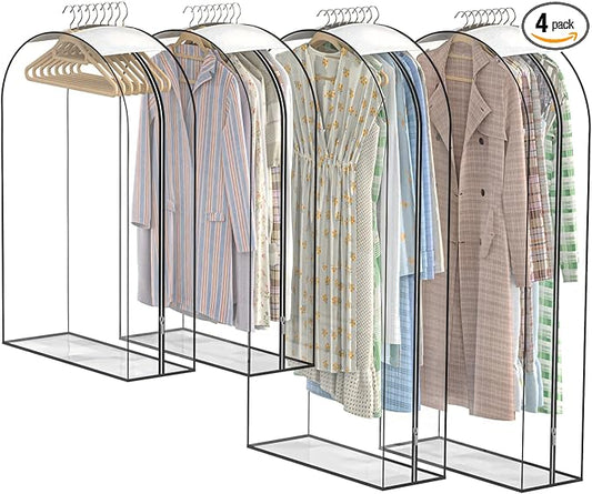 Upgraded Thickened Clear Garment Bags for Hanging Clothes 4 Packs, 10â Gusseted Clothes Hanging Storage Bags for Closet, Shirts, Coats, Dresses (43 & 60 inch)
