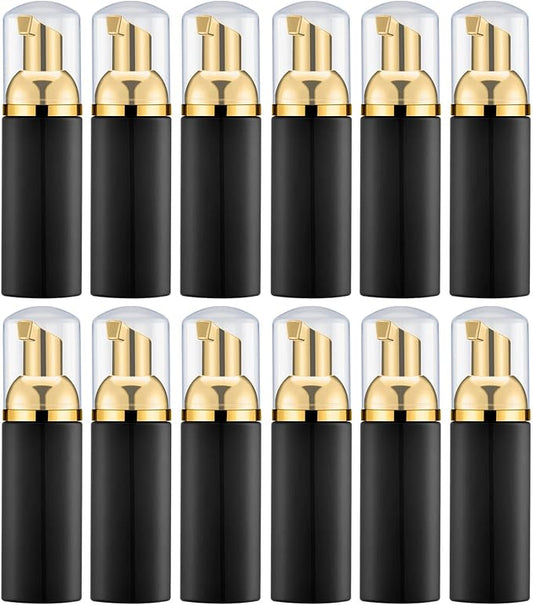 Lil Ray 2 Oz Empty Black Foam Pump Bottle, Foamer Soap Dispenser for Lash Shampoo, Hand Soap, Foaming Cleaner(Gold Pump, 12 PCS)