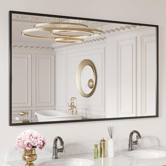 LOAAO 60"X30" Black Rectangle Bathroom Mirror Wall, Matte Black Aluminum Alloy Frame, Tempered Glass, Hangs Vertically or Horizontally, Easy to Install