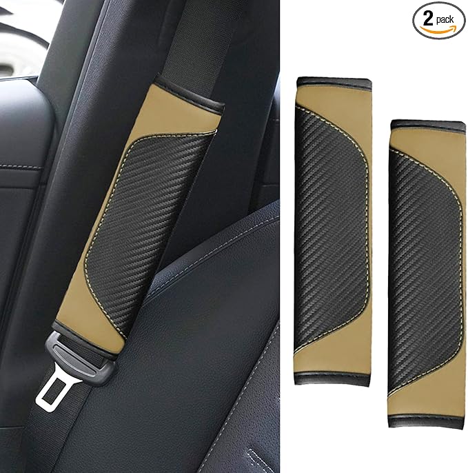 2PCS Car Seat Belt Cover Pad, Soft Carbon Fiber Leather Seatbelt Shoulder Protector for a More Comfortable Driving, Universal Safety Belt Strap Cover to Protect Your Neck (Beige)