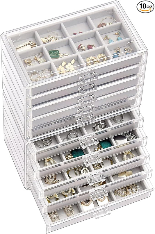 ProCase Earring Holder Organizer Jewelry Box with 10 Drawers, Acrylic Clear Earring Case with Adjustable Velvet Trays for Women - Grey, 10 Layers