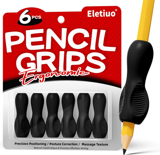 6 Pack Ergonomic Pencil Grips,Triangular Design with Finger Grooves for Children &Arthritis,Soft Non-Slip Silicone,Corrects Grip Position for Writing and Drawing,Left & Right Handed,Black