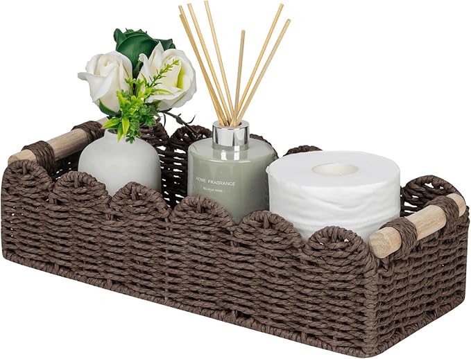CubesLand Paper Rope Scalloped Edge Shelves Storage Basket, Woven Toilet Paper Baskets for Over Toilet Storage Shelf, Ending Table, Floating Shelves Organizing or Home DÃ©cor, with Wood Handle, Brown