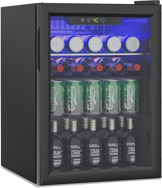 Compact Beverage Refrigerator,95 Can/2.6 Cubic Feet Fridge with Glass Front Door for Soda, Beer or Wine, Under Counter Small Refrigerator with Adjustable Shelve & Digital Display(Black)
