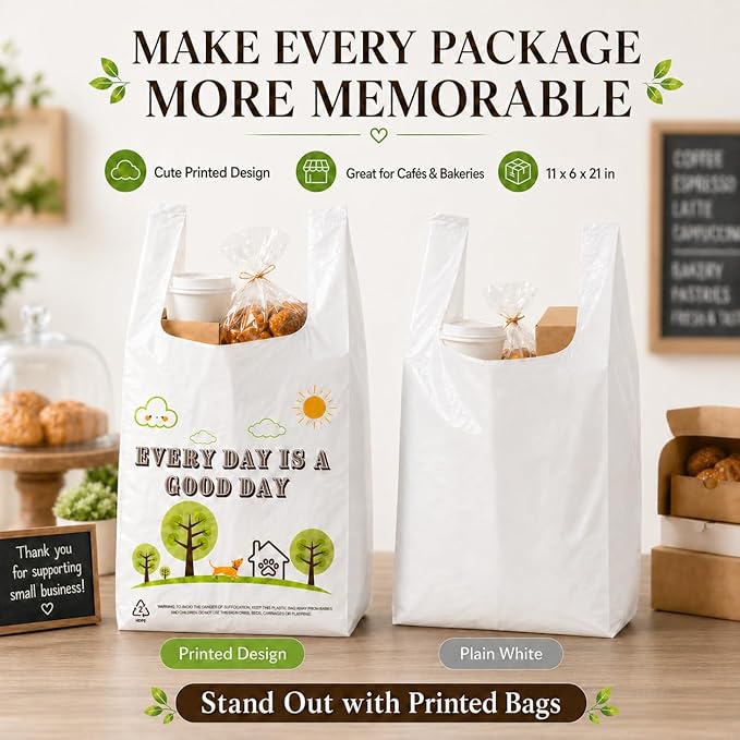 YoYoRain White Thank you T shirt bag, Grocery shopping bag Reusable and Disposable Supermarket Bag 11''x6''x21'' 101PCS