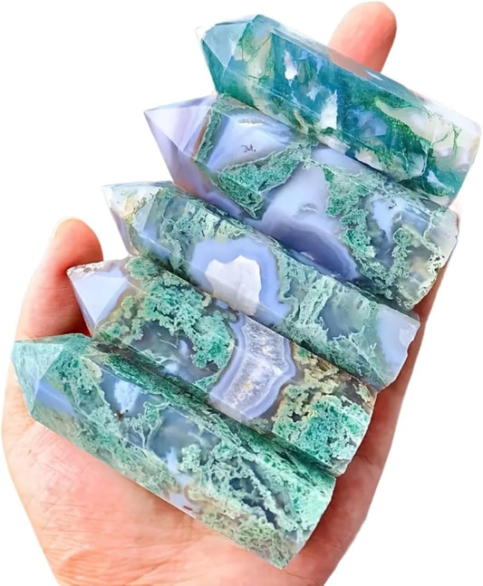 1pc Moss Agate Crystal Wand Hexagonal Pointed Tower Faceted Prism Natural Gemstone for Reiki Chakra Healing Energy Home Decor
