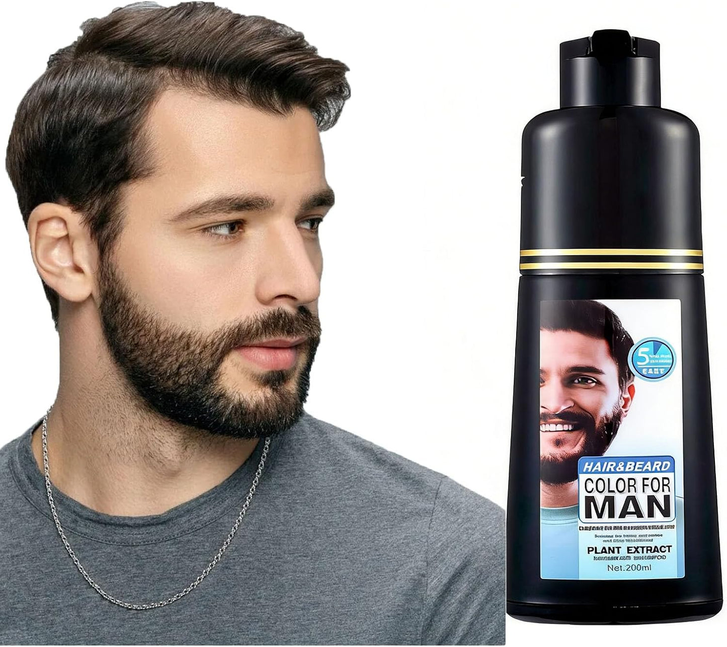 Black Beard Dye Shampoo for Men 5 Minute Gray Coverage with Argan & Coconut Oil, No-Mess Formula, Lasts 5 Weeks, 200ML (Beard & Mustache)