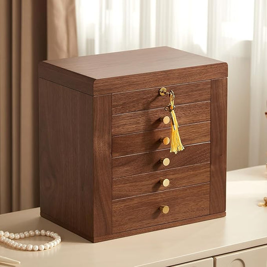 Black Walnut Wooden Jewelry Box, Wood Jewelry Organizer with 2 Side Doors Mirror Lockable Classical Style for Watch Necklace Ring Earring Storage Valentine's Day Gifts-6 Layer