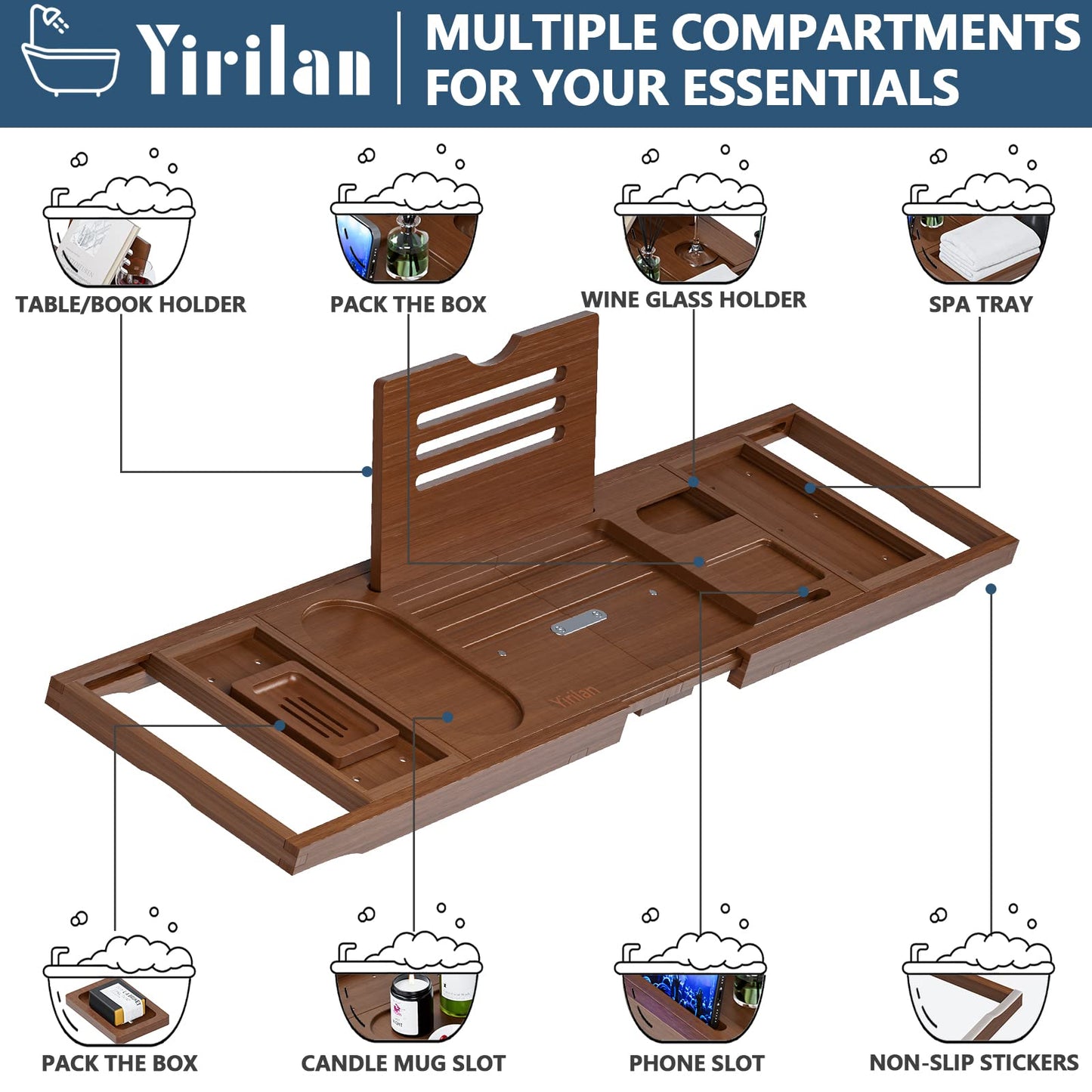 Yirilan Luxury Bathtub Tray Caddy, Expandable Bath Tray, Unique House Warming Gifts, New Home, Anniversary and Wedding Gifts for Couple, Bridal Shower Gift for Women