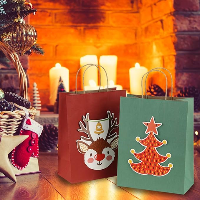 BagDream Gift Bags 8x4.25x10.5 Inches 100Pcs Kraft Paper Bags with Handles Bulk Medium, Green Stripe, 100% Recycled, Retail Merchandise Grocery Paper Sacks