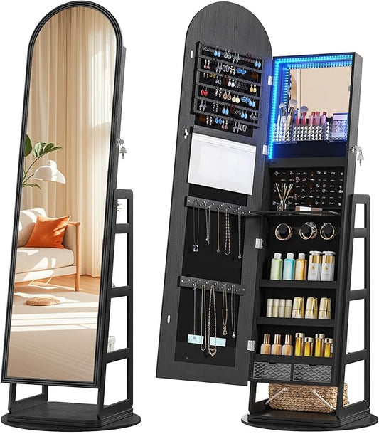HWB Black Mirror Jewelry Cabinet with Storage, Arched Jewelry Armoire w/Full Length Mirror & 360Â° Swivel, Standing Jewelry Holder Organizer with Rear Storage Shelves & Hooks, Lockable