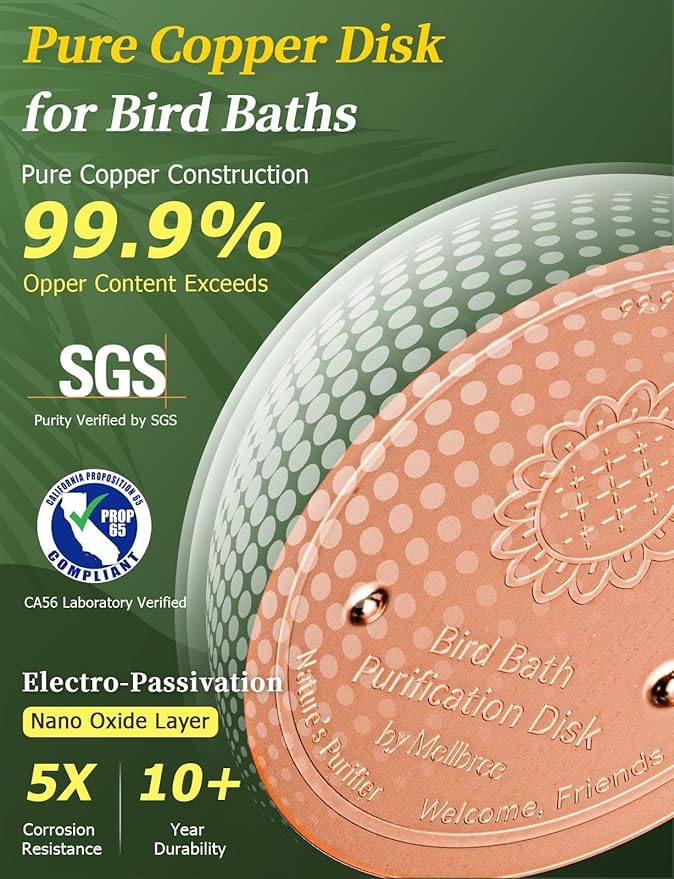 Mellbree 4-Pack Bird Bath Copper Disk, 0.6mm Reinforced 99.99% Pure Copper Cleaning Disk with Triple-Point Support for Physical Safe Clean Water All-Season (Sunflower)