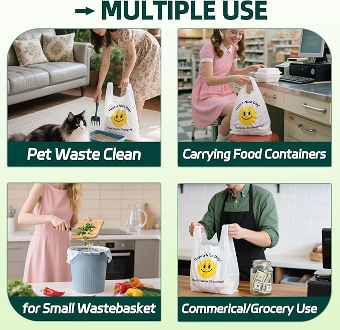 0.8Mil(20 Microns), 300 Count, Plastic Bags with Handles, T-Shirt bags, Thank You bags, Shopping Bag, Grocery Bag, |for Store, Carry, Pack|, White, 1/6 Barrel, Large 11"x6"x21", Heavy Duty