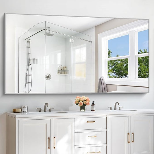 30x72inch Bathroom Mirror, Silver Rectangle Mirror with Thin Metal Frame, Large Rectangular Wall Mirror for Bathroom, Living Roomm, Hair Salon, Big Farmehouse Mirrors Hang Horizontal/Vertical