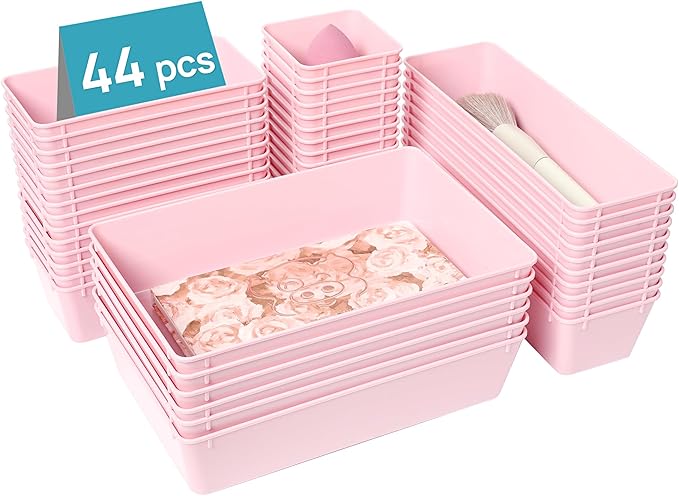 Vtopmart 44 PCS Plastic Drawer Organizers Set, 4-Size Versatile Bathroom and Vanity Organizer Trays, Non-Slip Storage Containers for Makeup, Jewelries, Bedroomï¼Kitchen Utensils and Office, Pink