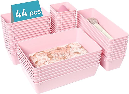 Vtopmart 44 PCS Plastic Drawer Organizers Set, 4-Size Versatile Bathroom and Vanity Organizer Trays, Non-Slip Storage Containers for Makeup, Jewelries, Bedroomï¼Kitchen Utensils and Office, Pink