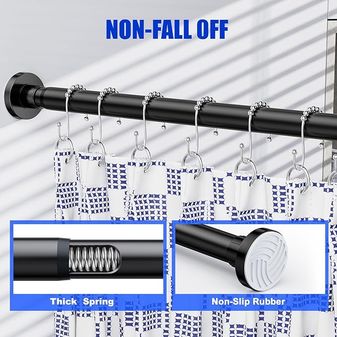 Ausemku Shower Curtain Rod 32-94 Inch Adjustable - 1 Inch Diameter Heavy Duty No drill Spring Tension Shower Rod, Non-Slip Rustproof Telescopic Rod for Bathroom, Black