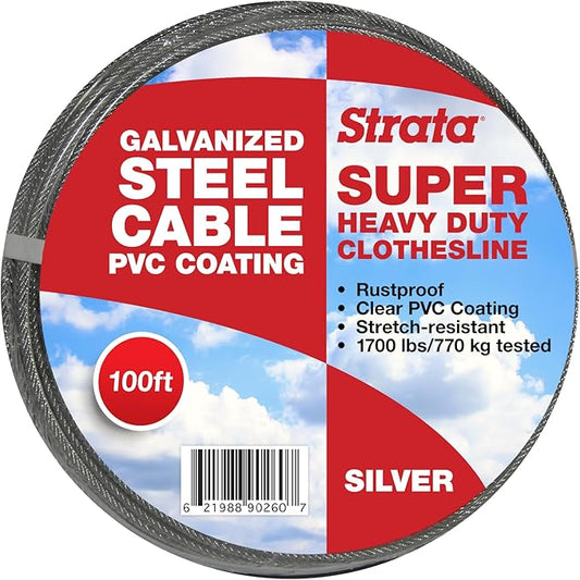 Strata 100 Feet Clothesline Outdoor Heavy Duty Galvanized Wire Steel Cable, Silver PVC Coating - Clothes Line Wires for Outside Laundry Drying