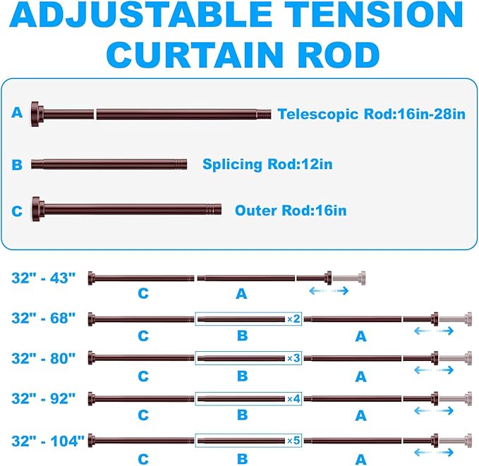 TEECK Shower Curtain Rod, 32-43 inch Adjustable Spring Tension Curtain Rod, Never Rust Anti-Slip Shower Curtain Rod for Bathroom, No Drilling, Never Collapse, Easy to Use, Brown