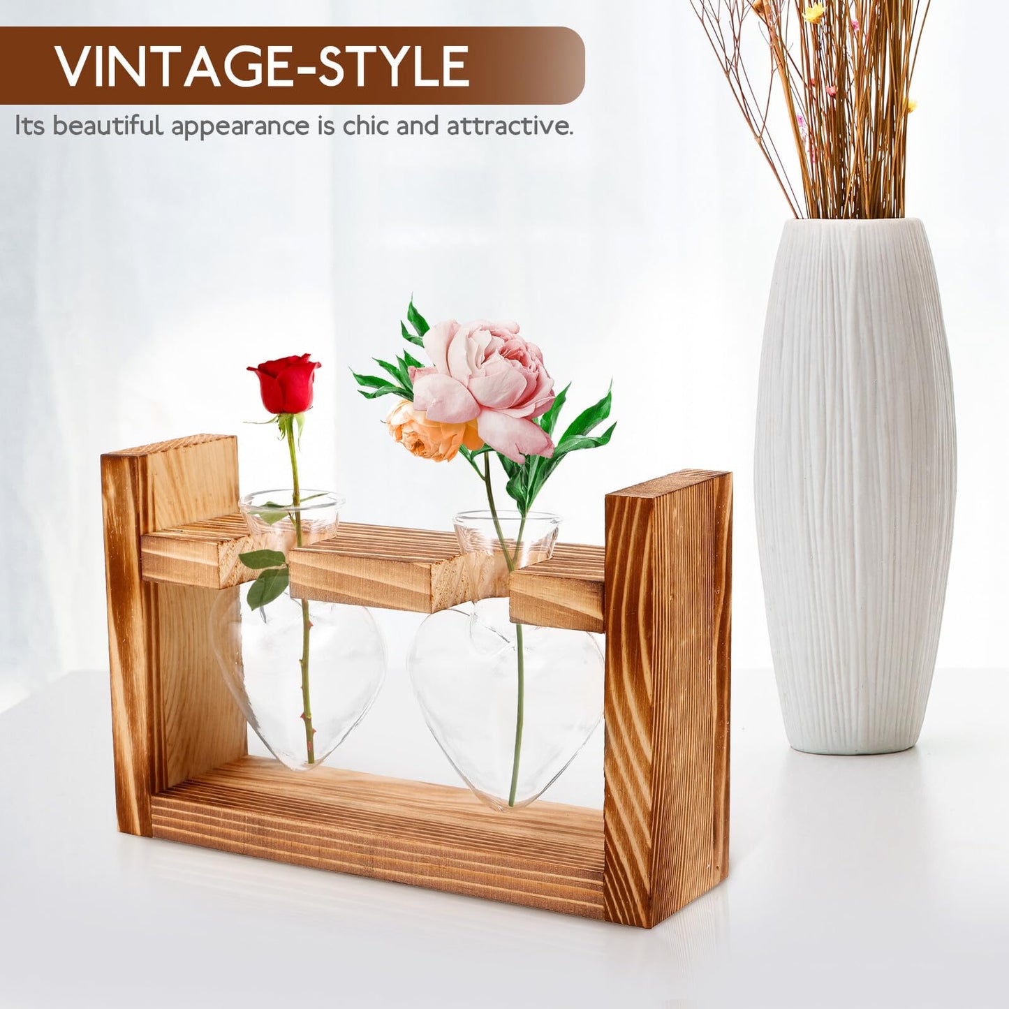 CORHAD Heart-Shaped Glass Plant Terrarium with Wooden Stand, Hydroponic Vase for Home and Office Décor, Creative Glass Flower Vase for Live Plants, 2pcs Set