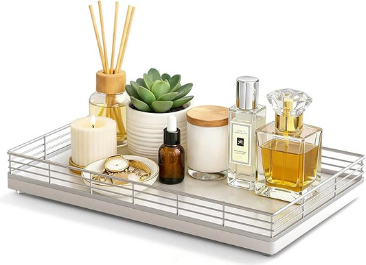 Large Bathroom Vanity Tray â 13" x 8" Oak Decorative Wooden Tray for Bathroom Countertop & Vanity Organizer, Wood Tray for Perfume, Skincare & Accessories Storage, Vanity Dresser Decor Sliver & White