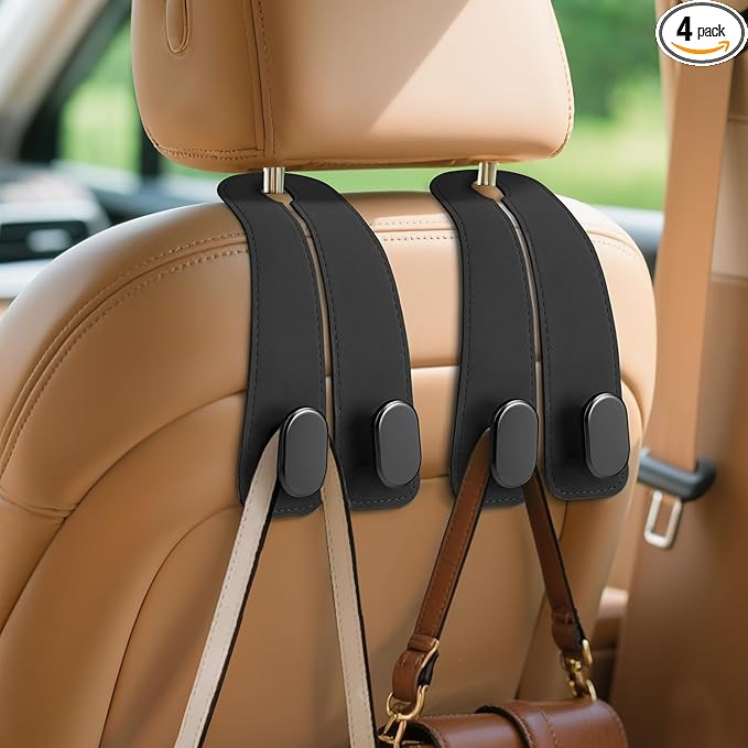 Car Seat Headrest Hooks - 4 Pack Universal Car Purse Hook, Leather Car Bag Purse Holder with Double Metal Hooks for Handbags, Grocery Bags, Bottles, Phones, Black