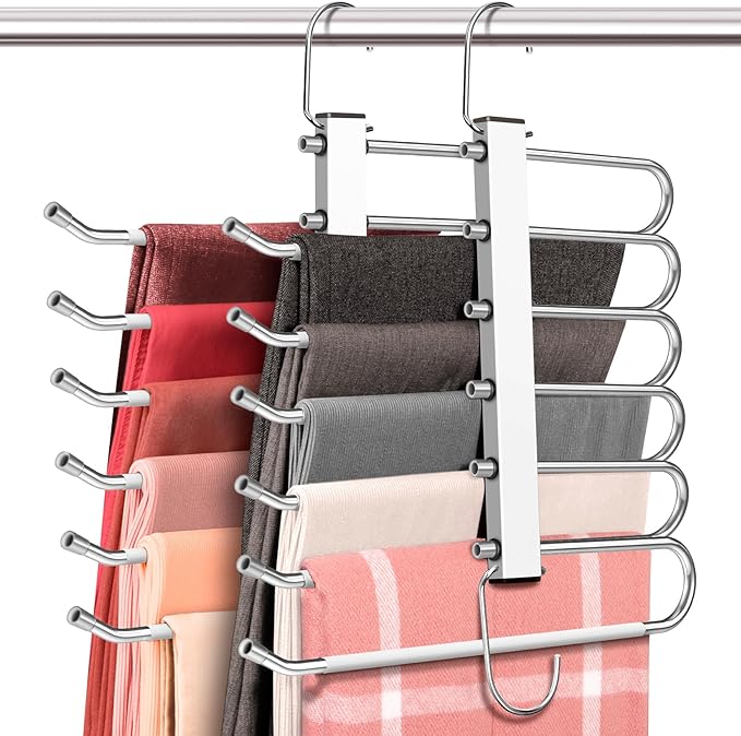 Space Saving 6 Tier Pant Hangers, Anti-Slip, Lightweight, Stainless Steel, 2 Pack, White