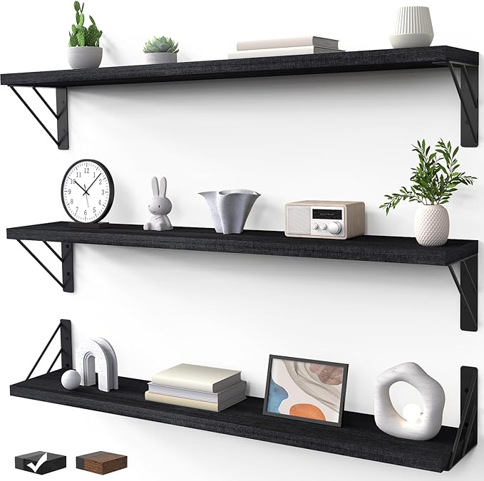 BAYKA Wall Mounted Floating Shelves, Wood Floating Wall Shelf for Books & Decor, Small Space-Saving Display & Organizerï¼Blackï¼36inï¼Set of 3ï¼