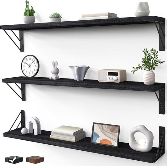 BAYKA Wall Mounted Floating Shelves, Wood Floating Wall Shelf for Books & Decor, Small Space-Saving Display & Organizerï¼Blackï¼36inï¼Set of 3ï¼