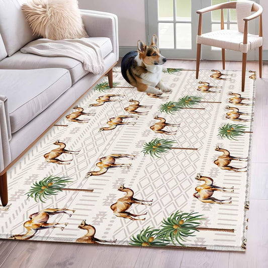 Vintage Camel Washable Area Rug 4x6 Coconut Trees Bohemia Tribe Geometric Low-Profile Large Area Rugs with Non Slip Backing Indoor Floor Carpet for Entrance Living Room Bedroom Home Office