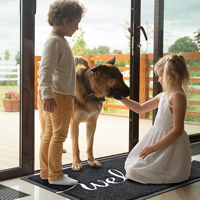 Door Mat, Welcome Mat Low Profile Floor Mat Front Doormat Indoor and Outdoor Doormat Non Slip Rugs for Entryway, Patio, High Traffic Areas (32"x20", Black-Welcome)