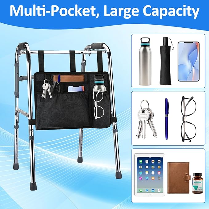 Walker Bag Basket with Cup Holder for Folding Walker Accessories for Seniors Elderly, Handicap, Foldable & Water Resistant Walker Storage Bags with Big Capacity - Black