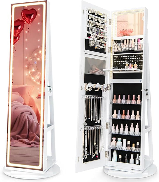 CHARMAID 360Â° Rotating Jewelry Armoire with LED Lighted Full Length Mirror & Built-in Vanity Mirror, Lockable Standing Jewelry Cabinet with Lights, Large Storage Organizer for Jewelry (White)