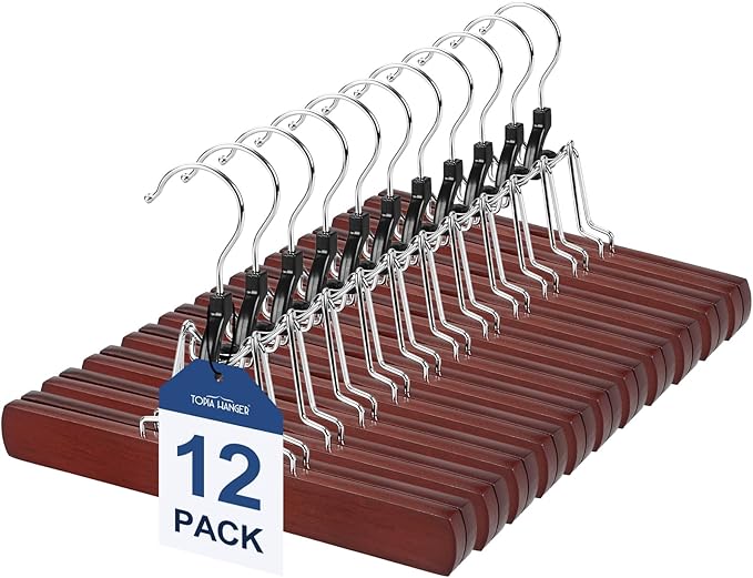 TOPIA HANGER 12 Pack Wooden Pants Hangers, Hair Extension Hangers Non Slip Skirt Hanger Wood Clamp with Velvet Padded 360Â° Swivel Hook for Jeans, Skirts, Trousers, Wigs Cherry CT67M