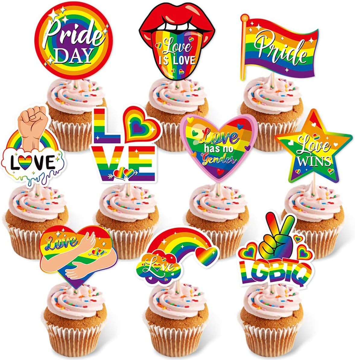 Gay Pride Cupcake Toppers LGBT Pride Cupcake Picks for Party Supplies Rainbow Decorations Dessert Decor Love is Love Cake Photo Props 30PCS