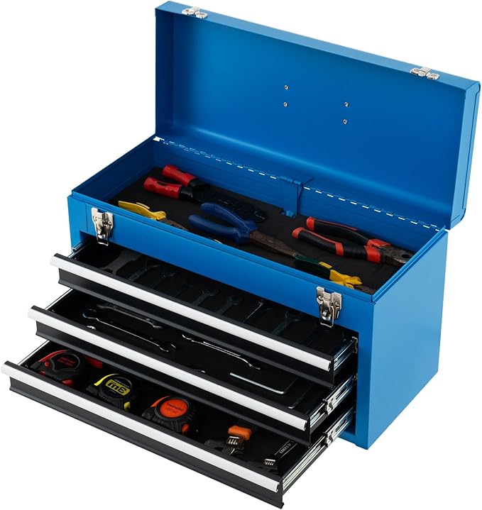 IRONMAX Portable Tool Box, 20.5ââ Lockable Steel Tool Chest Cabinet w/Comfortable Handle & 3 Drawers, Heavy Duty Storage Toolbox Tool Organizer for Garage, Warehouse, Home (Blue)