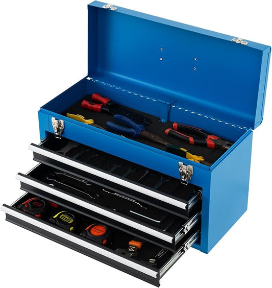 IRONMAX Portable Tool Box, 20.5ââ Lockable Steel Tool Chest Cabinet w/Comfortable Handle & 3 Drawers, Heavy Duty Storage Toolbox Tool Organizer for Garage, Warehouse, Home (Blue)