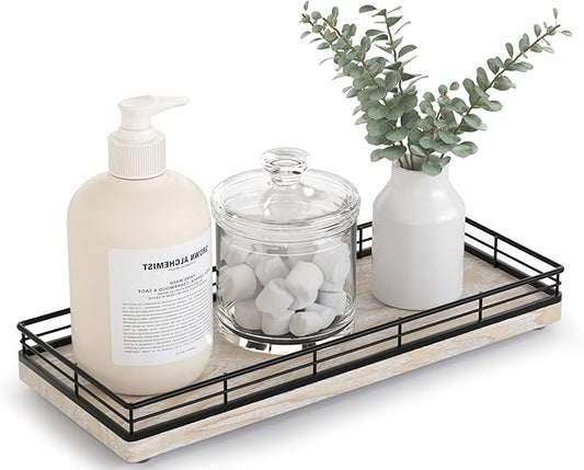 Bathroom Tray for Counter Top Organizer â Ash Wood Vanity Tray with Metal Frame for Dresser, Kitchen, Nightstand â Black & Whitewashed Decorative Storage
