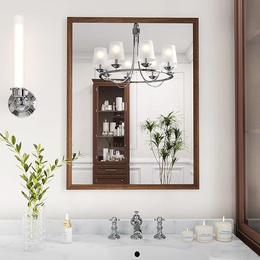 WEER Bathroom Mirror, 22x30 Inch Wall Mirror, Walnut Wood Grain Framed Mirror, Rectangle Vanity Mirror, Tempered Glass, Anti-Rust, Hangs Horizontally or Vertically