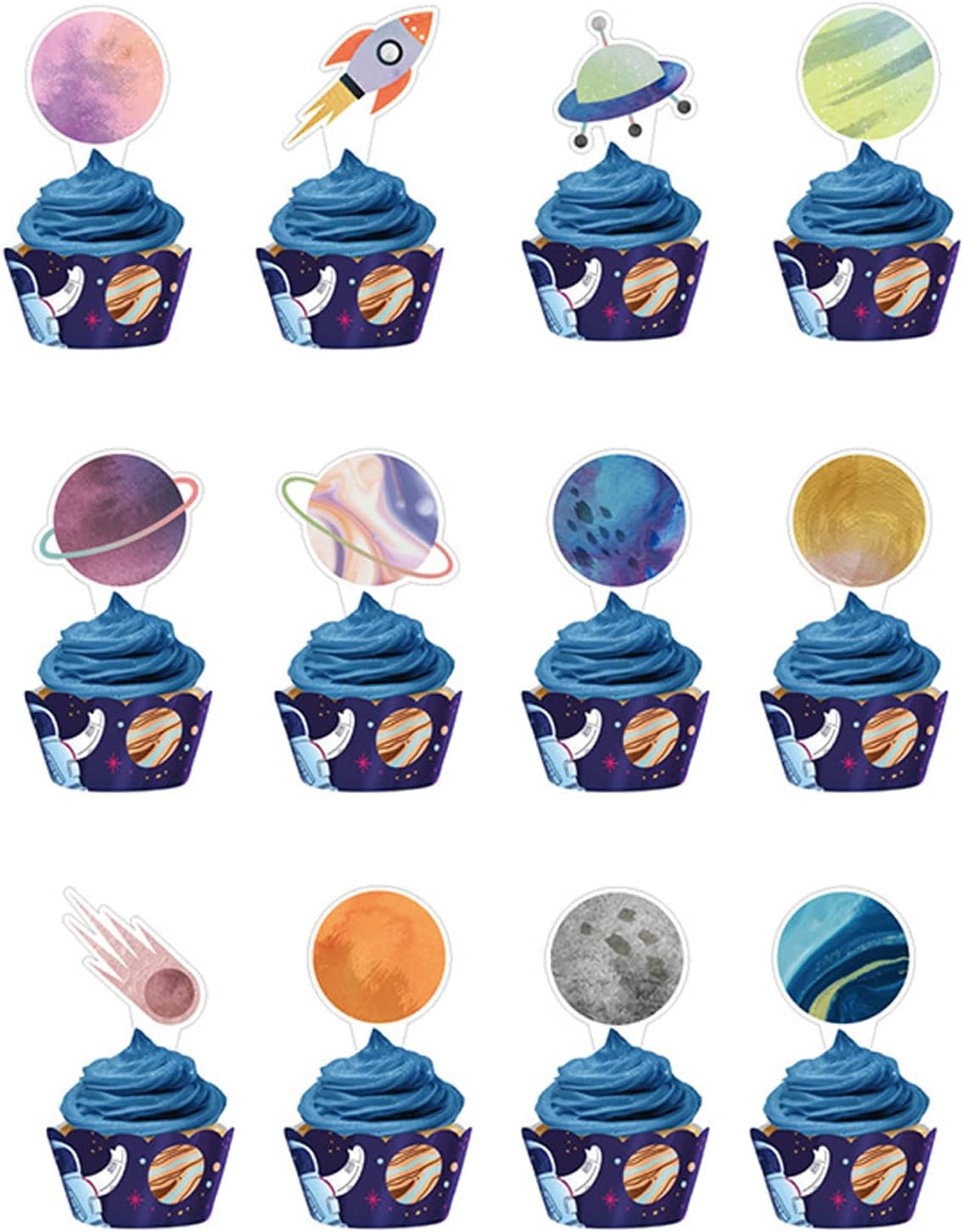 Cupcake Toppers 24PCS Cake Topper Outer Space Rocket Galaxy Universe Planets Cake Decorations Supplies Favors,Cake Picks For Kids Birthday Party Baby Shower