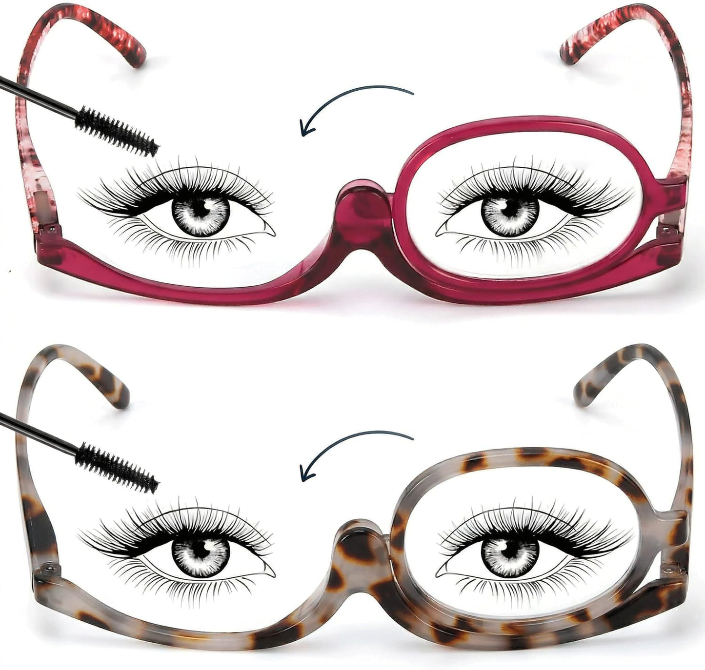 SEEKEY 2 Pairs Makeup Reading Glasses for Women, Flip Down Rotating Cosmetic Lenses, Makeup Readers with Spring Hinge