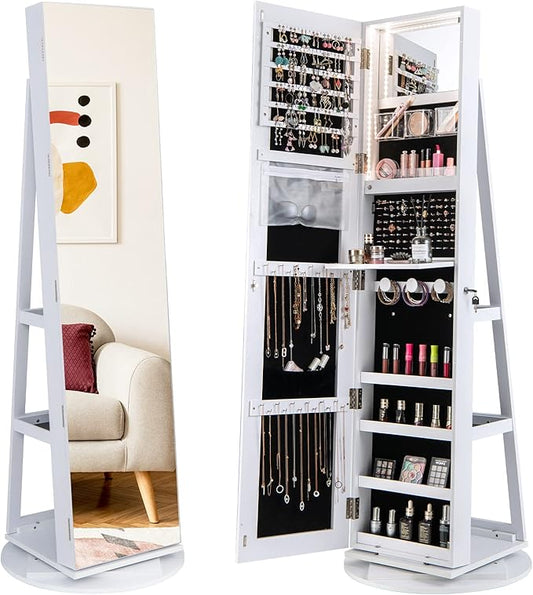 GOFLAME 360Â° Rotating Jewelry Cabinet with Full-Length Mirror, Freestanding Jewelry Armoire with 3-Color LED Light and Back Storage Shelf, Lockable Jewelry Organizer for Bedroom Cloakroom, White