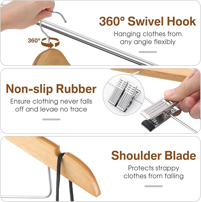 Sieral 30 Pack Wooden Pants Hangers with Clips Solid Wood Skirt Suit Coat Hangers with 2 Adjustable Clips 360 Degree Swivel Hook for Trousers Jeans Slacks Shorts Bottom, 14 Inch(Natural,Classic)