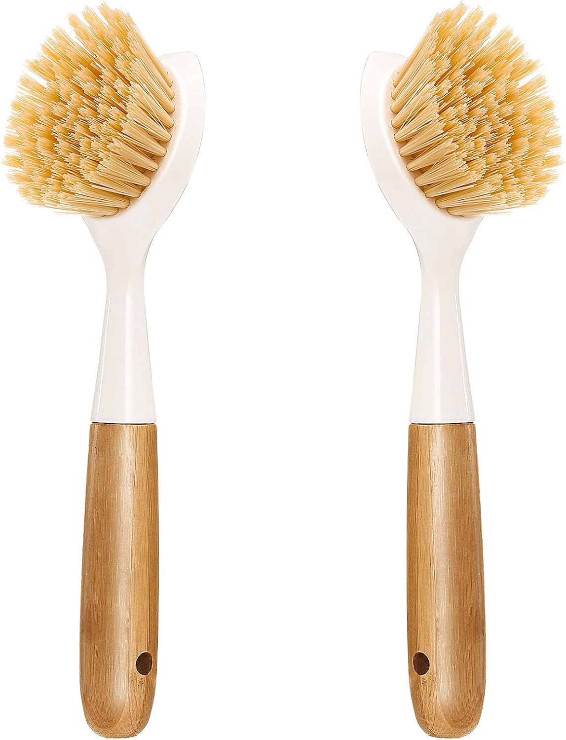 2 Pack Kitchen Dish Brush Bamboo Handle Dish Scrubber Built-in Scraper, Scrub Brush for Pans, Pots, Kitchen Sink Cleaning, Dishwashing and Cleaning Brushes are Perfect Cleaning Tools, White