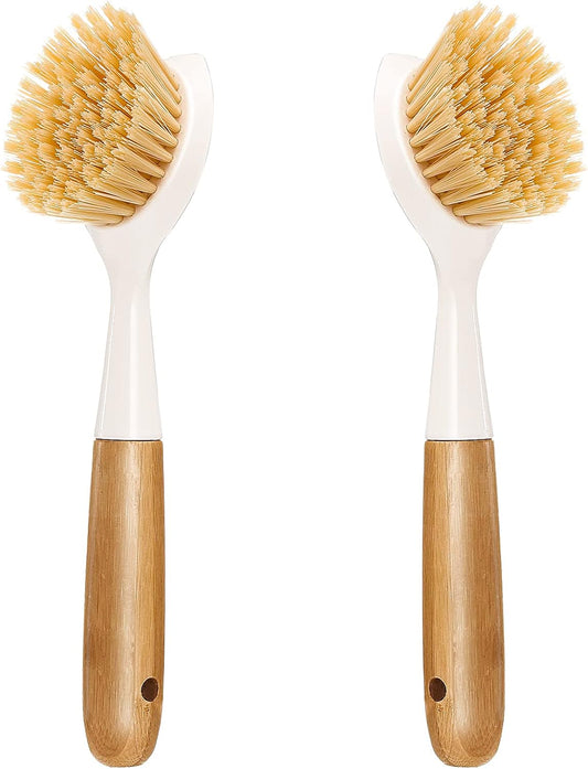 2 Pack Kitchen Dish Brush Bamboo Handle Dish Scrubber Built-in Scraper, Scrub Brush for Pans, Pots, Kitchen Sink Cleaning, Dishwashing and Cleaning Brushes are Perfect Cleaning Tools, White