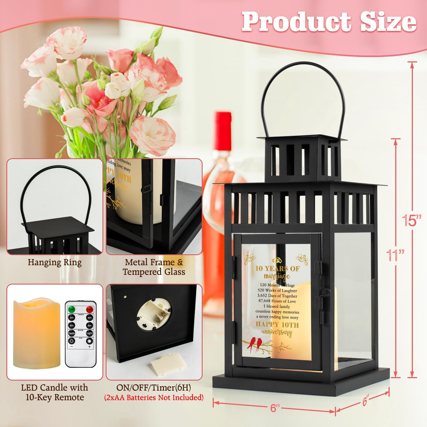 HN HAIINAA 10th Wedding Anniversary Lantern 10 Year Anniversary Wedding Gifts for Wife Couple Parents Husband Grandparents