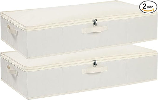 Under Bed Storage Containers, Storage Bins With Lids, Clothes Organizers With Sturdy Structure and Reinforced Handles, Beige, 2 Pack, 31.5 x 15.7 x 5.9 Inch