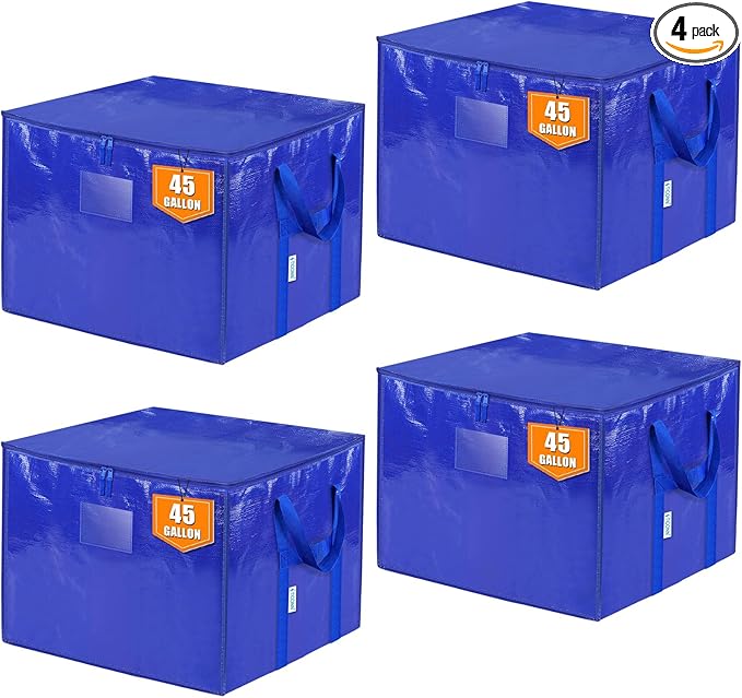 TICONN 4 Pack Extra Large Moving Bags with Zippers & Carrying Handles, Heavy-Duty Storage Tote Moving Boxes for Space Saving (4 PK, 45 Gallon)