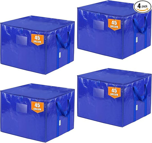 TICONN 4 Pack Extra Large Moving Bags with Zippers & Carrying Handles, Heavy-Duty Storage Tote Moving Boxes for Space Saving (4 PK, 45 Gallon)