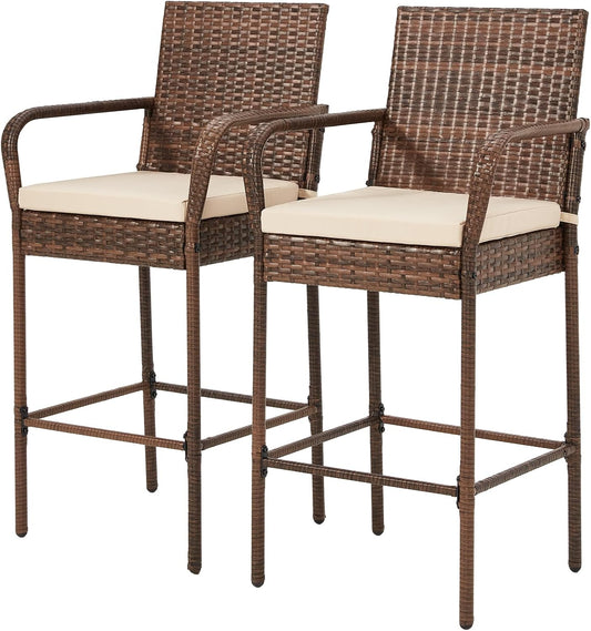 ECOTOUGE Patio Wicker Barstools Set of 2, Outdoor Rattan Bar Height Chairs with Armrest & Backrest, Soft Cushion, Footrests, All-Weather Furniture for Backyard, Pool, Garden, Deck, Brown